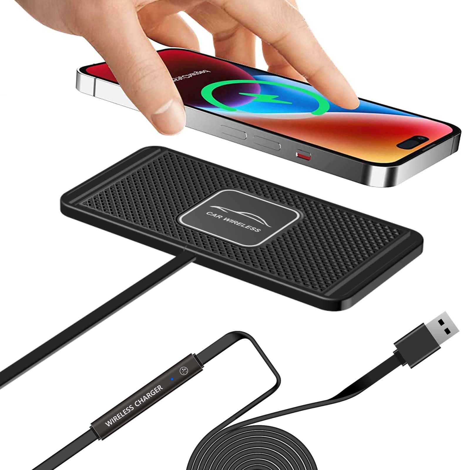 Wireless Car Charger Qi Charging Pad Fast 15W 10W 7.5W Charge Adapter for iPhone 14 13 12 Mini 11 Pro Max 8 Plus X XR Xs Airpods Samsung Galaxy Buds S21 S22 S23 S24 Android Phones (39' Long Cable)