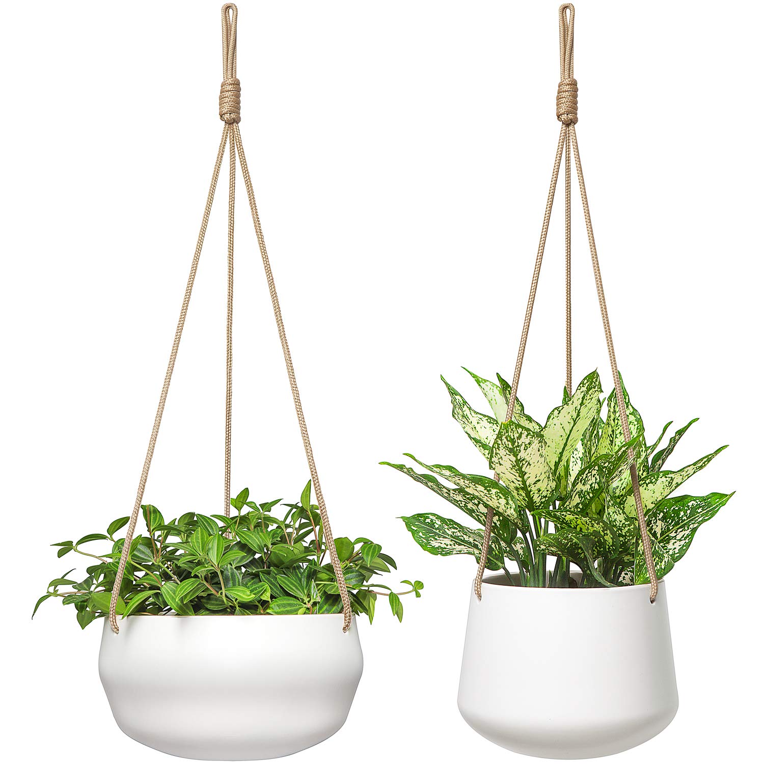 Photo 1 of Mkono Ceramic Hanging Planter of Shallow 8 Inch and Deep 6 Inch for Indoor Outdoor Plants, Set of 2 Modern Plant Pot Geometric Porcelain Hanging Basket with Polyester Rope Hanger