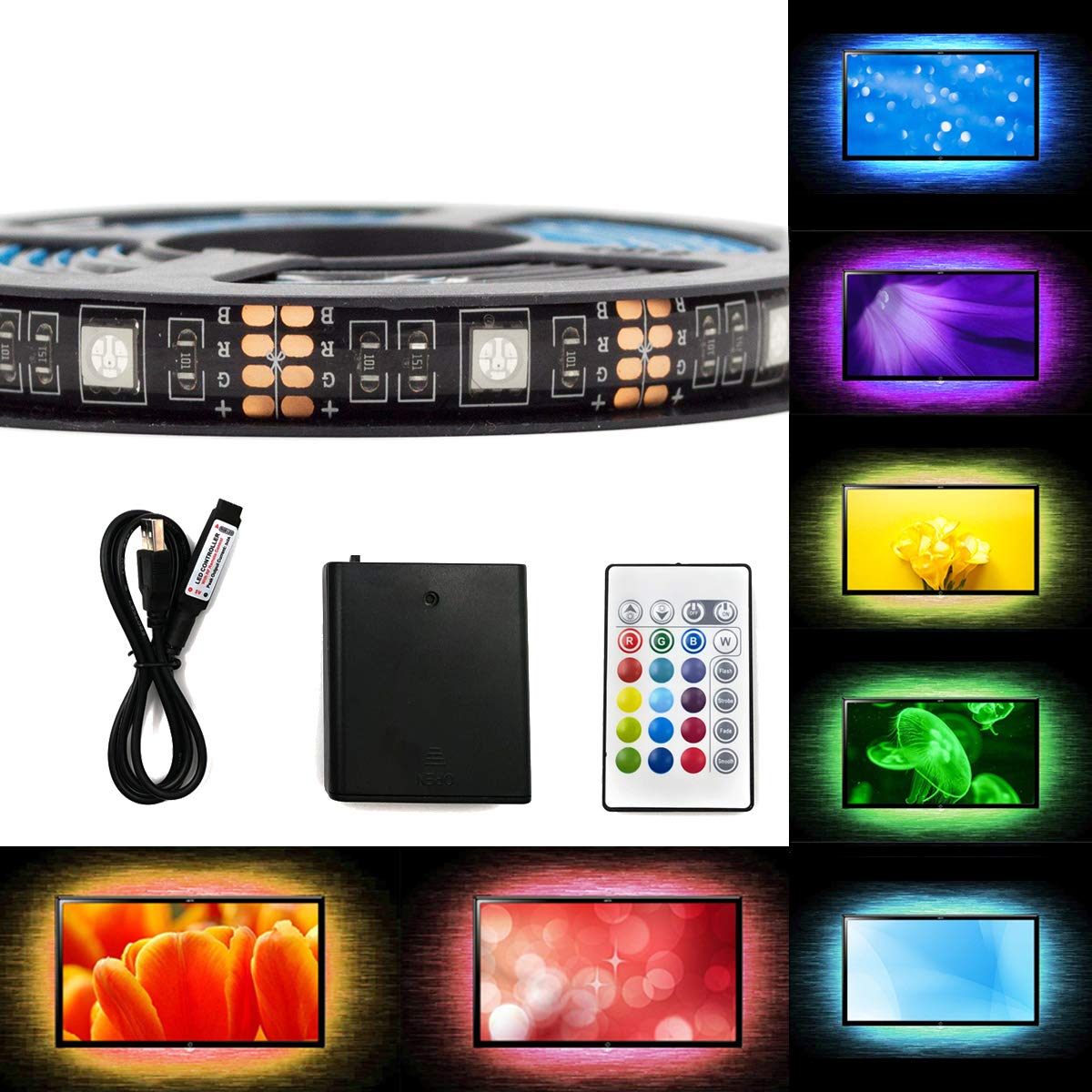 WOWLED USB & Battery Powered 2m 5050 RGB Multi Color LED Strip Light with RF Remote Controller TV PC Backlight Mood Lamp Kit