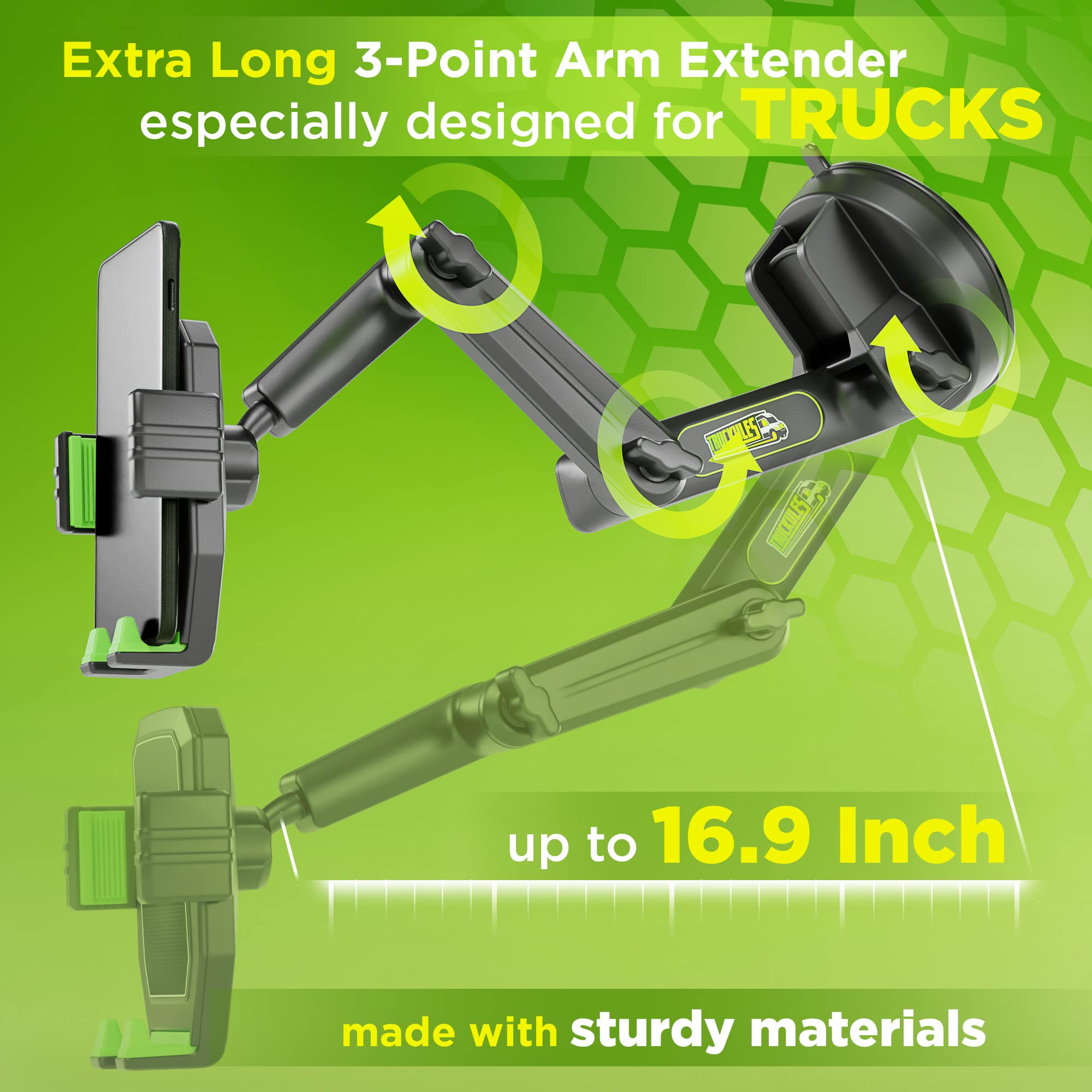 Phone Mount for Truck Phone Holder for Truck - Heavy Duty Super Suction Cup, Mobile Device Holder Dashboard Window 16.9 inch Long Arm & Stable, iPhone & Samsung Compatible, Commercial Trucker, Green
