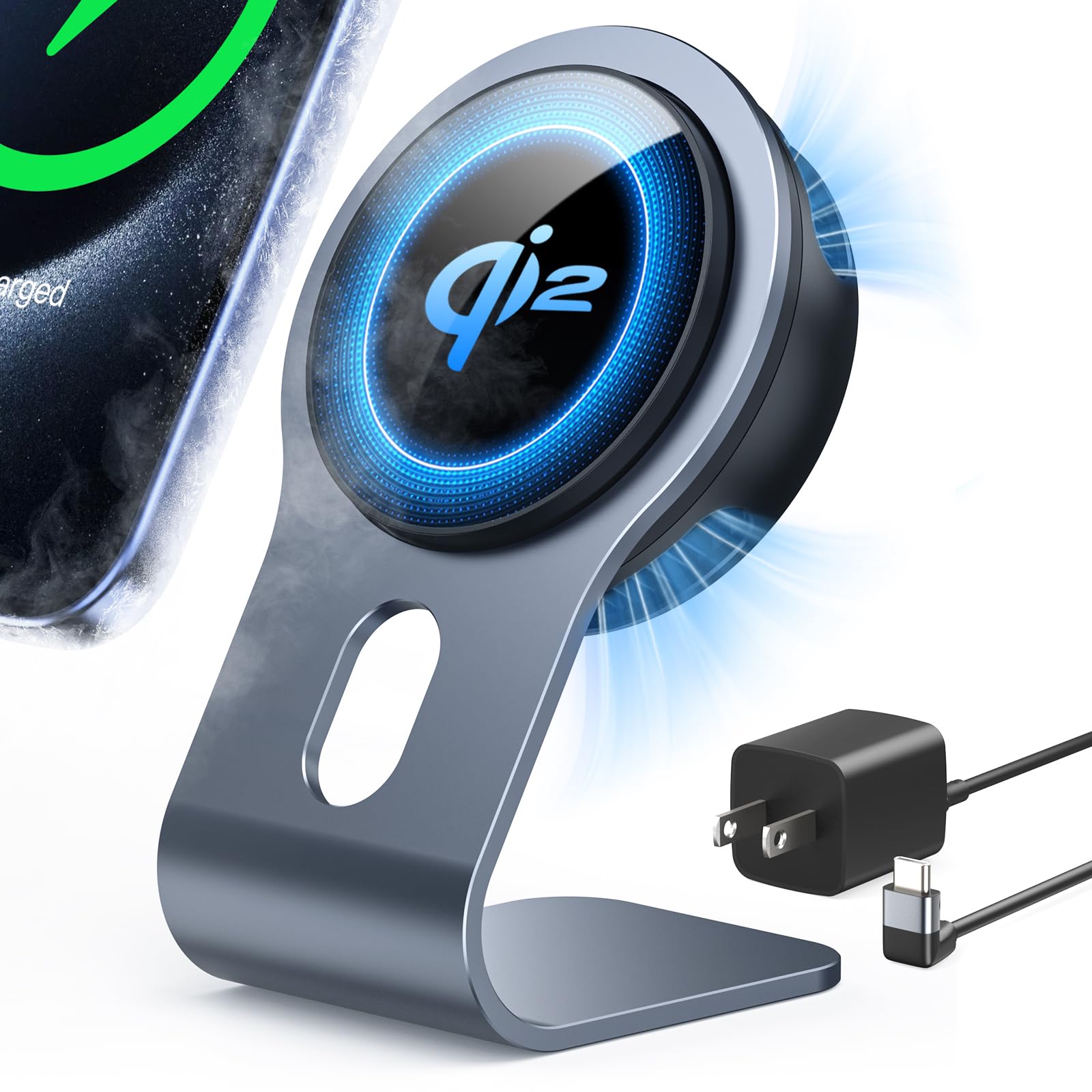 Photo 1 of NEWQ Qi2 15W Wireless Charger Stand with Adapter, Semiconductor Cooling Wireless Charging Station for iPhone 16/16 Plus/16 Pro/16 Pro Max/15/14/13 Series,Airpods 3/2/Pro(30W USB-C Charger Included)