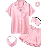 ALHAVONE Kids Silk Pajamas for Girls Satin Pajama Sets 2 Pcs Ruffle Pajamas Girls Button Down Pjs Set Sleepwear Loungewear