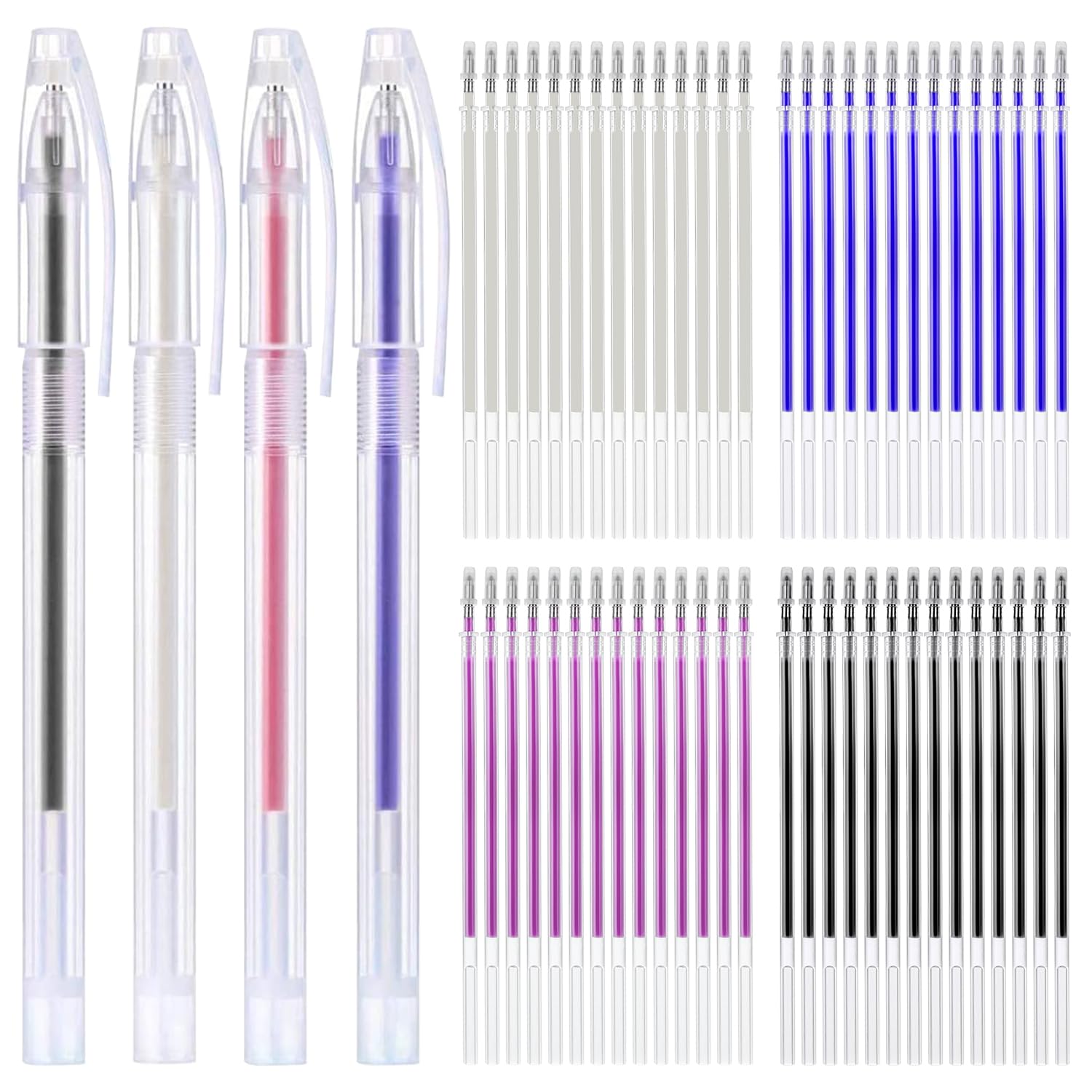 AYWFEY 4 Pcs Heat Erasable Pens for Sewing with 56 Refills, Disappearing Fabric Marking Pens, Heat Erasable Pens for Tailors Sewing and Quilting Dressmaking, 4 Colors