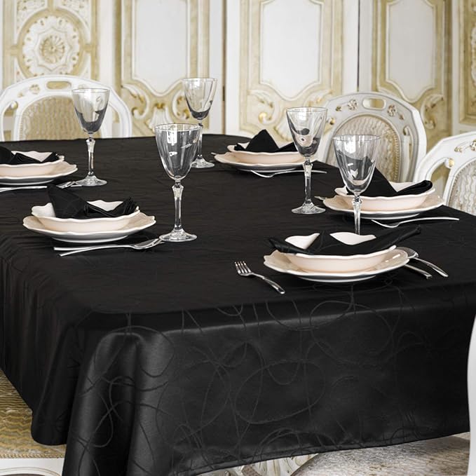 LUXURY BLACK TABLECLOTH ANTI STAIN TREATMENT LARGE SIZES LINES