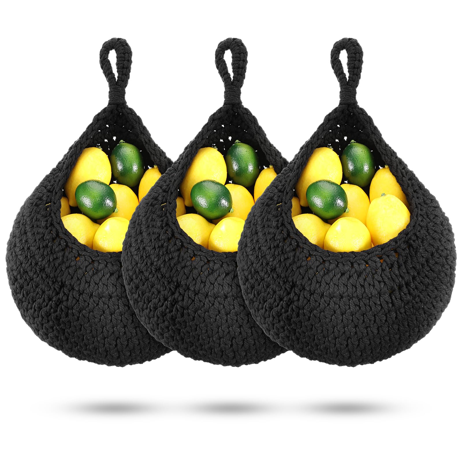 Photo 1 of Dandat 3 Pcs Large Hanging Fruit Baskets for Kitchen Teardrop Hanging Wall Baskets Bohemian Handwoven Holder for Kitchen Vegetable Onion Potato Storage Pantry Decoration(Black)