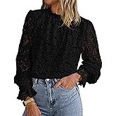KIRUNDO Blouses for Women Dressy Casual Lace Long Sleeve Tops Mock Neck Ruffle Hem Shirts Fall Fashion Clothes