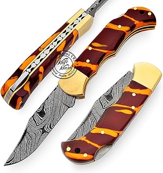 Amazon チョコレート イエロー 6 5インチ 100 ハンドメイド ダマスカス鋼 折りたたみポケットナイフ 100 Knife Knation 釣り