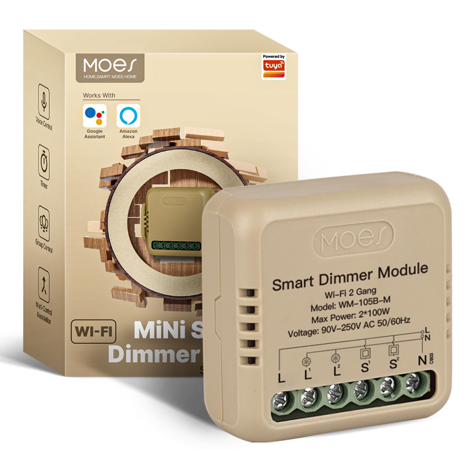 MOES Smart WiFi LED Dimmer Switch Module, Mini Design, Supports App Voice Alexa Google Home Remote Control, Dual Switch Networking, Timer, Control Sharing, WiFi 2.4GHz only, 2 Gang