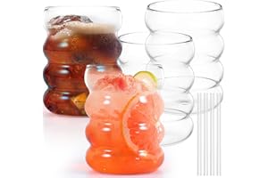 4 Pcs Bubble Drinking Glasses with 4Pcs Straws Ribbed Drinking Glass Cups Drinking Glassware for Cocktail Soda Juice Beverage