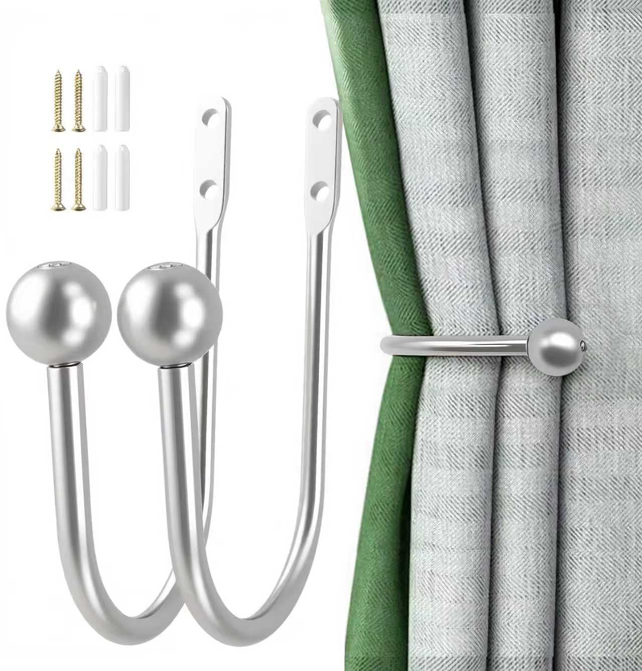 XxinXrong Metal Curtain Holdbacks, 2 Pcs Curtain Drapery Holdbacks, Curtain Tieback Hooks, Wall Mounted Window Curtain Holder Hooks, Drapery Holdbacks for Fixed Curtain or Hanging Items (Silver) — image 1