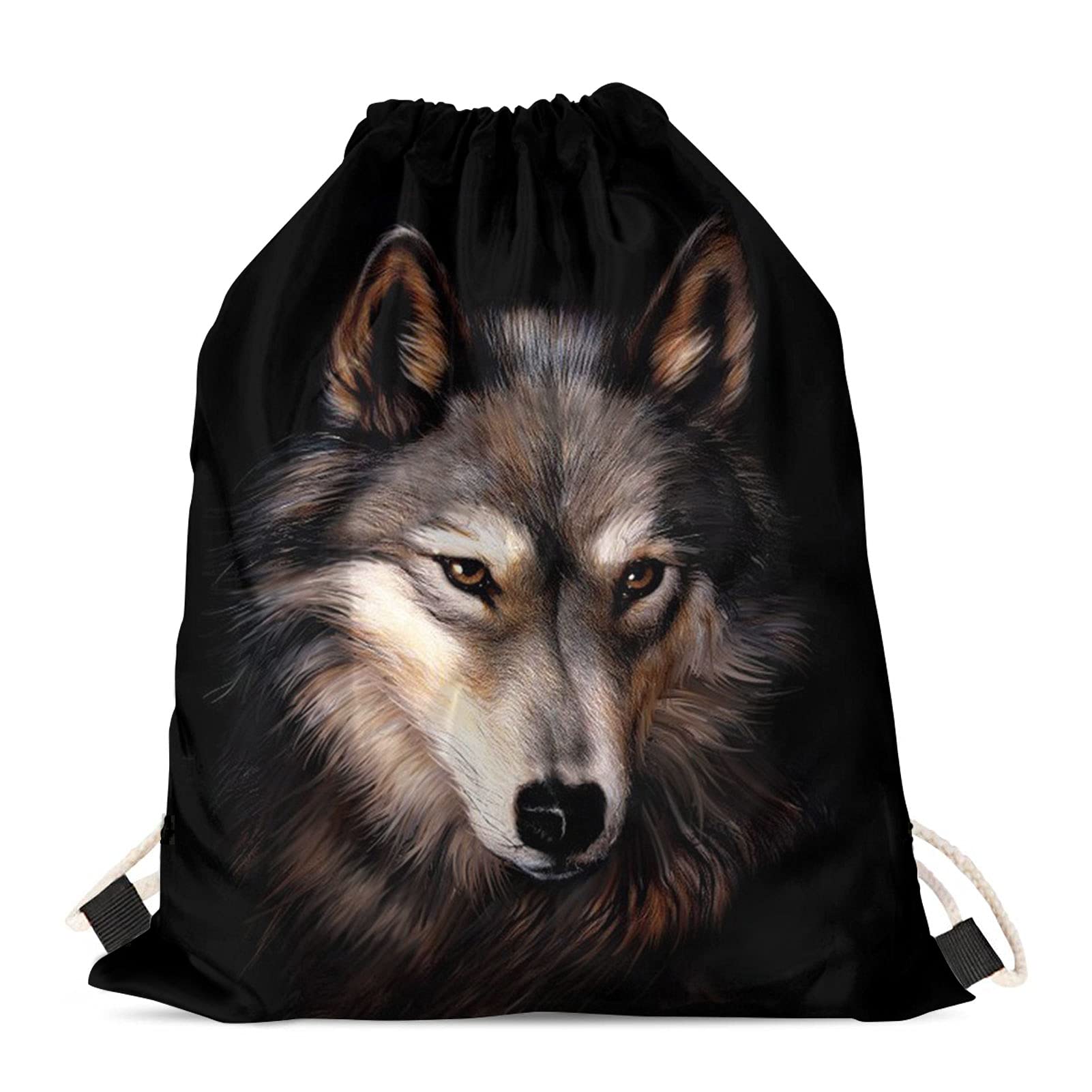 Showudesigns Boys Drawstring Bag Wolf Animal Print Swimming String Backpack Travel Organizer Drawstring Bag Run Gymsack for Soccer Tennis PE Bags Black