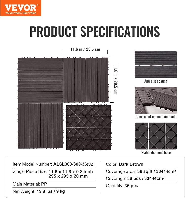 Piastrelle per Patio ad Incastro 36 Pezzi 300 x 300 x 20 mm, Piastrelle Impermeabile in Plastica, Piastrelle per Tutte Le Condizioni Atmosferiche, per Portico Piscina Cortile, Marrone Scuro