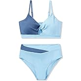 Girls Swimsuit Color Block Twist Bathing Bikini Suit Adjustable Straps Girls 2 Piece Swimsuit 7-14 Years