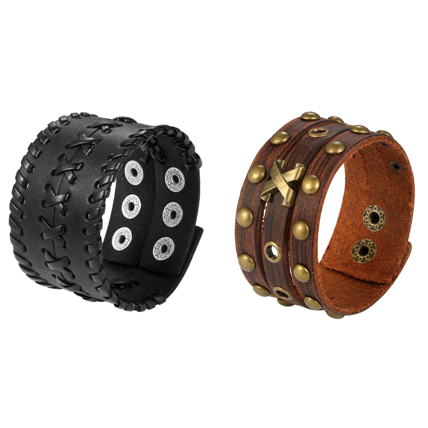 Cupimatch 2pcs Adjustable Punk Wide Braided Leather Bracelet,Unisex Rock Wrap Wristband Bangle Black/Brown
