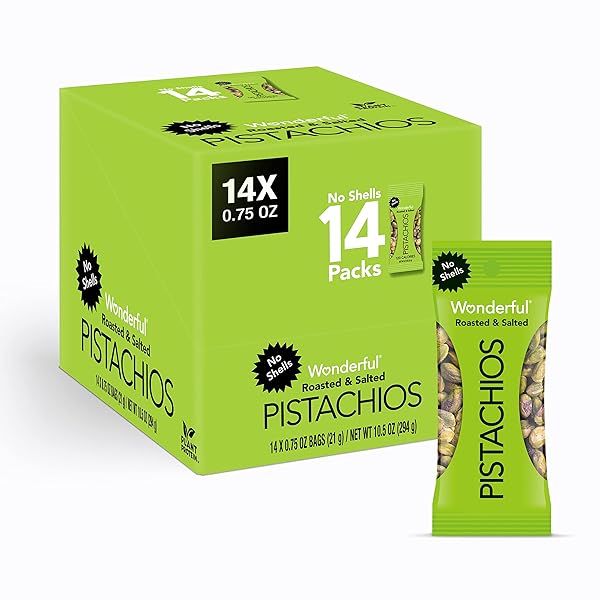 WONDERFUL PISTACHIOS NO SHELLS, ROASTED & SALTED NUTS, 0.75 OUNCE BAG (PACK OF 14), PROTEIN SNACKS, VEGAN SNACKS, ON-THE-GO, INDIVIDUAL SNACKS FOR ADULTS