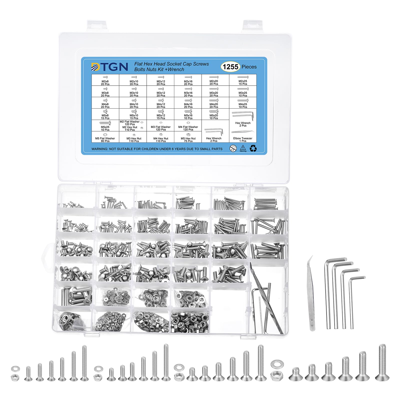 DTGN 1255Pcs M2 M3 M4 M5 Flat Head Hex Socket Cap Screws Bolts Nuts Washers Kit with Wrench, 304 Stainless Steel Round Flat Machine Screws