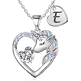 IEFRICH Valentines Gifts for Kids Girls Unicorn Necklace - Colorful CZ Heart Initial Necklaces Unicorn Necklace for Girls Jewelry Birthday Gifts for Little Girl Kids