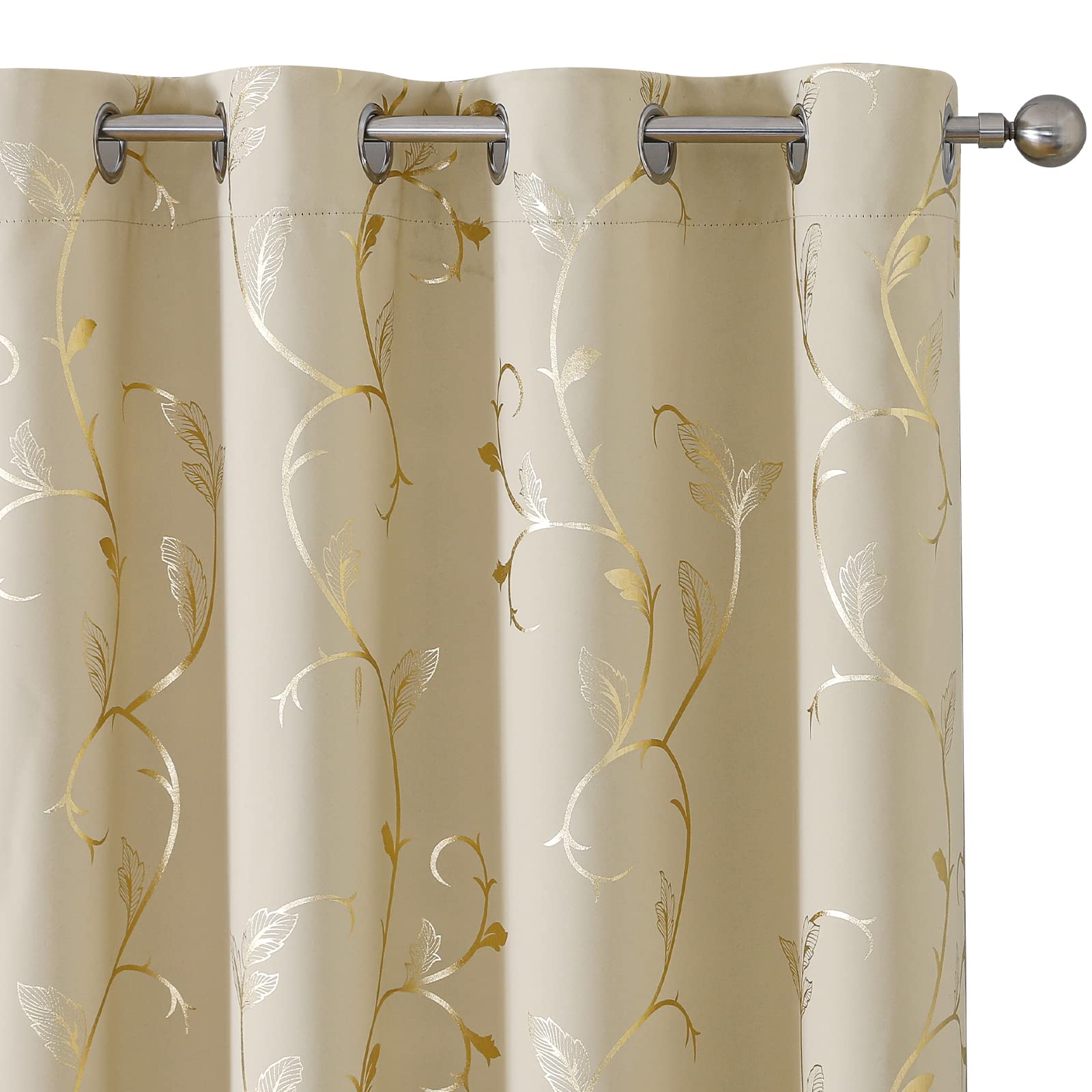 Photo 1 of BUHUA Blackout Curtains Gold Foil Print Flower Vine Grommet Drapes, Room Darkening Thermal Insulated Curtains, Noise Reducing Curtain for Bedroom, Beige, 52Wx108L, 2 Panels