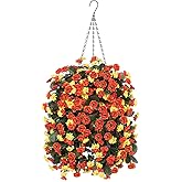Ammyoo Artificial Flowers in Hanging Basket for Outdoors Spring Decor, Fake Mums Flowers Faux Plants with Hanging Baskets for Home Porch Garden Yard Patio Autumn Decoration (Orange Yellow)