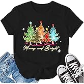 LBP Merry Christmas Shirt for Women Merry and Bright Christmas T-Shirt Xmas Holiday Tee Tops
