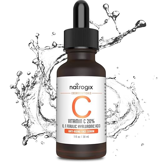 Vitamin C Serum by Natrogix, Super Anti-Aging Facial Serum With Ferulic Acid, Hyaluronic Acid, Vitamin B E for Women Face, Eyes, Neck Wrinkle Dark Circles Fades Age Spots Repair Care - 1 Fl Oz/ 30ml