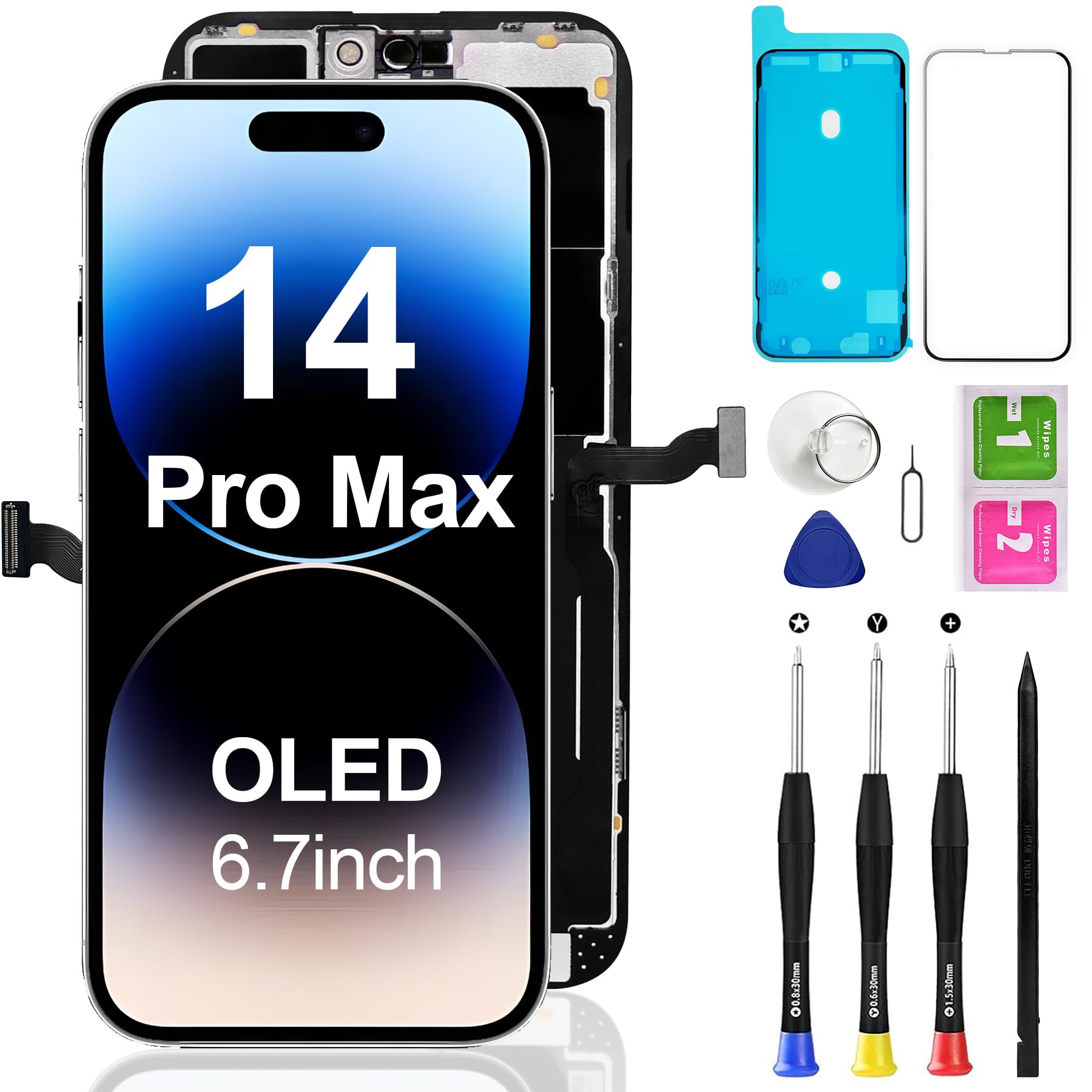 for iPhone 14 PRO MAX Screen Replacement OLED 6.7 Inch [NOT LCD], 3D Touch Display Screen FHD Digitizer Assembly Compatible with A2651, A2893, A2894, A2895, A2896 Waterproof Adhesive,Repair Tools Kit