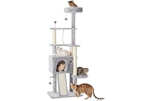 TSCOMON 64in Large Cat Tree Cat Tower for Indoor Cats, Multi-Level Cat Furniture Condo Cat Caves Cat House with Hang Ball Toys and Cat Sisal Scratching Posts for Kittens Pet House Play, Light Grey