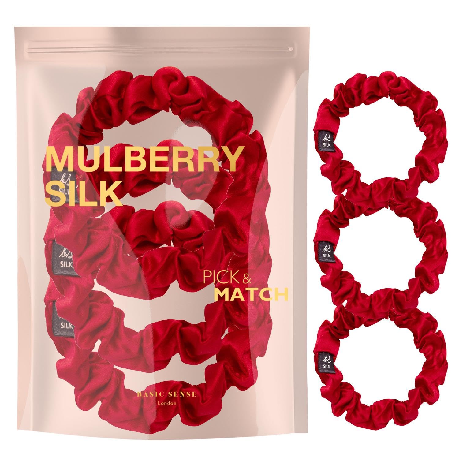 Basic Sense 3 PCS Pure Mulberry Silk Scrunchies for Women | Skinny Elastic Hair Ties | Gentle Hair Bands & Ponytail Holders, Red