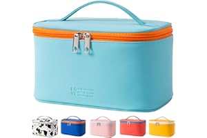 PRITE Makeup Bag Portable Travel Cosmetic Bag for Women, Beauty Zipper Makeup Organizer PU Leather Washable Waterproof (Light Blue)