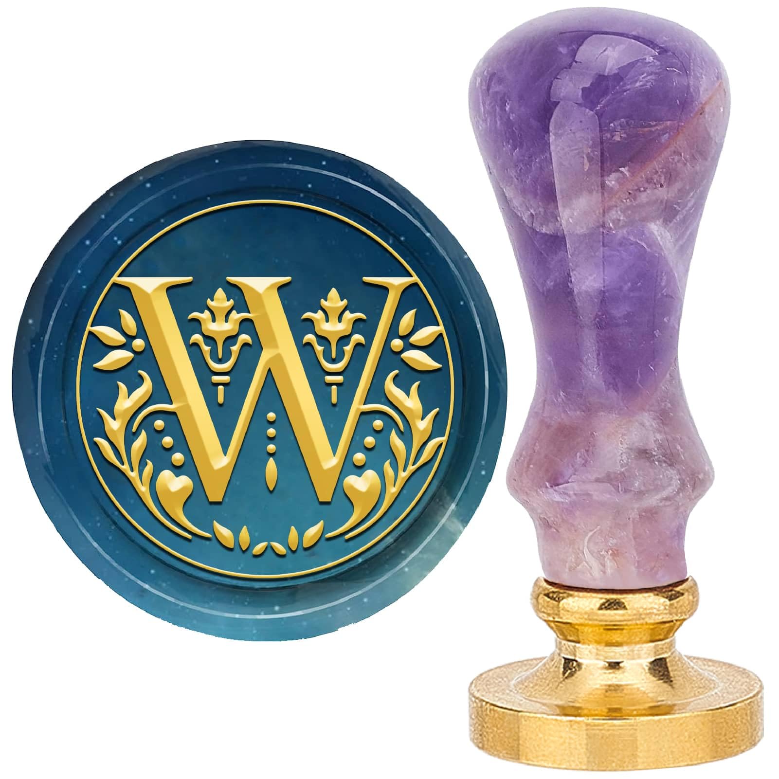 CRASPIRE Letter W Natural Stone Wax Seal Stamps Handle Purple Crystal 25mm Removable Vintage Leaf Brass Sealing Stamp Heads Retro for Wedding Envelopes Letters Invitations Card DIY Craft Gift Wrapping