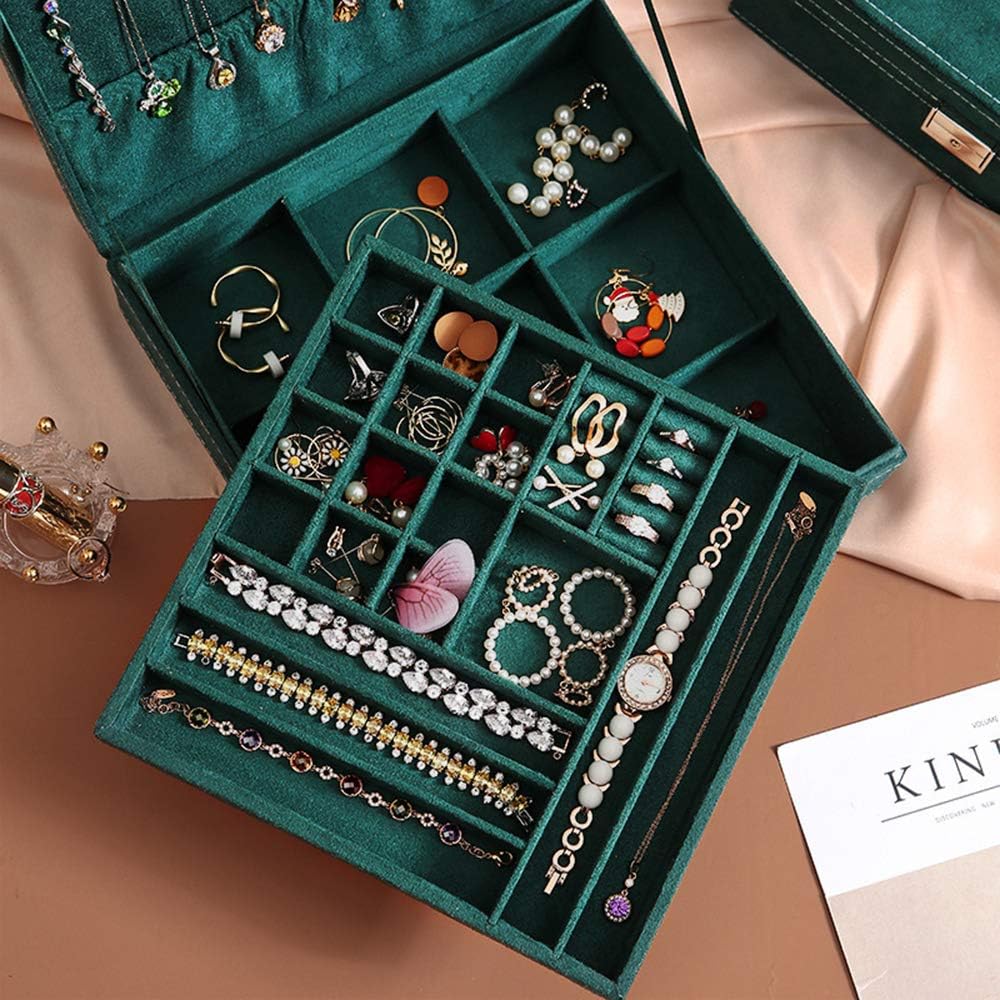 Jewelry Box for Women Girls, QBeel 2 Layer 36 Compartments Necklace Jewelry Organizer Box with Lock Jewelry Holder Display Storage Case for Earrings Bracelets Rings - Green: Home Improvement