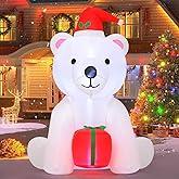 GOOSH 5 Ft Christmas Inflatable Bear Outdoor Decorations Blow Up Yard A White Bear Holding a Present with Built-in LEDs for Indoor Party Garden Lawn Decor