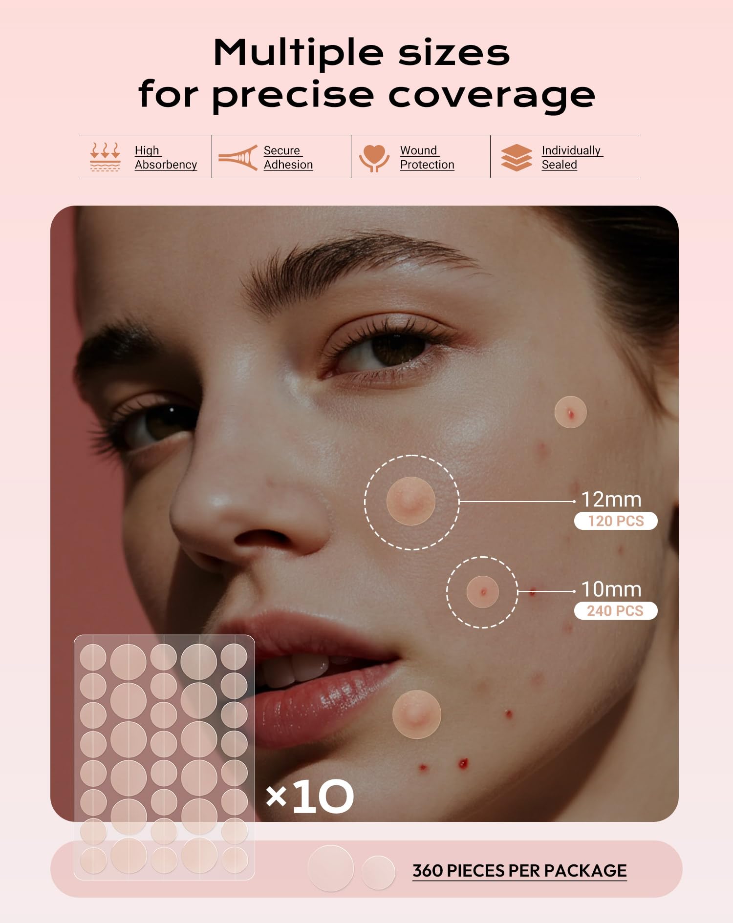 360 Pieces Invisible Pimple Patches, Hydrocolloid Spot Patches, Acne Treatment with 10mm & 12mm Dots for Spots, Waterproof & Breathable