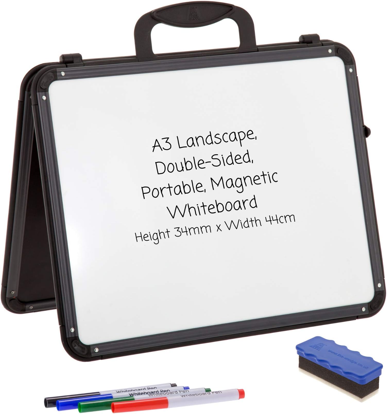 wedgeA3 Magnetic Dry-Wipe Portable Desk Top Whiteboard, Folds Flat, with Carry Handle – for Schools and Home Learning (Landscape, Grey & Black)