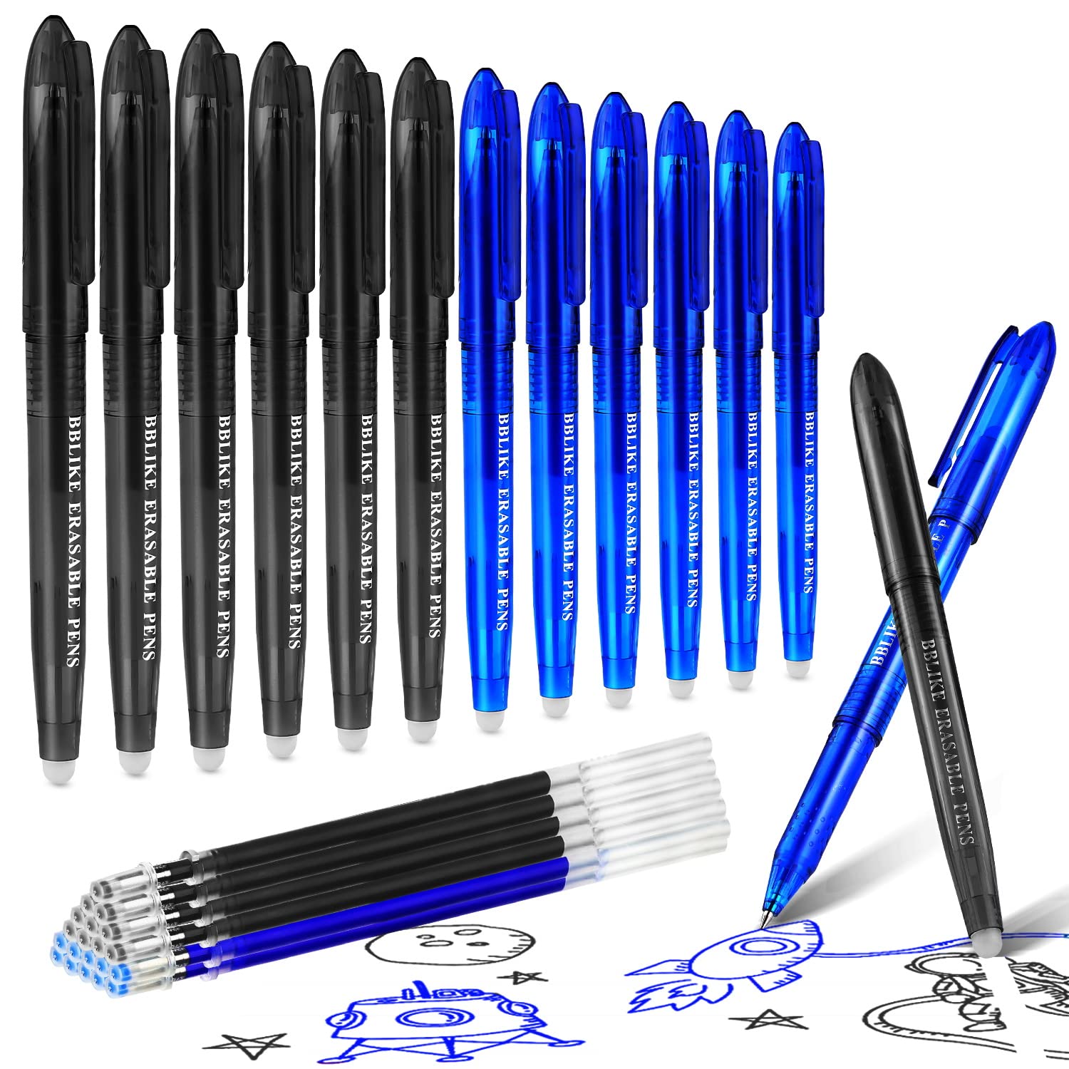 BBLIKE Erasable Pens - 12 Pcs Rub Out Pens and 20 Refills, 0.7mm Rubber Rollerball Pen, Pen with Eraser on the End, Handwriting Writing Pens for Adults Kids School Office Stationary (Blue and Black)
