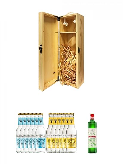 1a Whisky Holzbox für 1 Flasche mit Hakenverschluss + Fever Tree Mediterranean Tonic Water 6 x 0,2 Liter + Fever Tree Tonic W