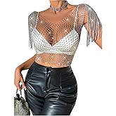 RARITYUS Women Sparkle Rhinestone Mesh Crop Top Sexy Fringe Shoulder T Shirt Hollow Out Crystal Tank Tops Party Clubwear