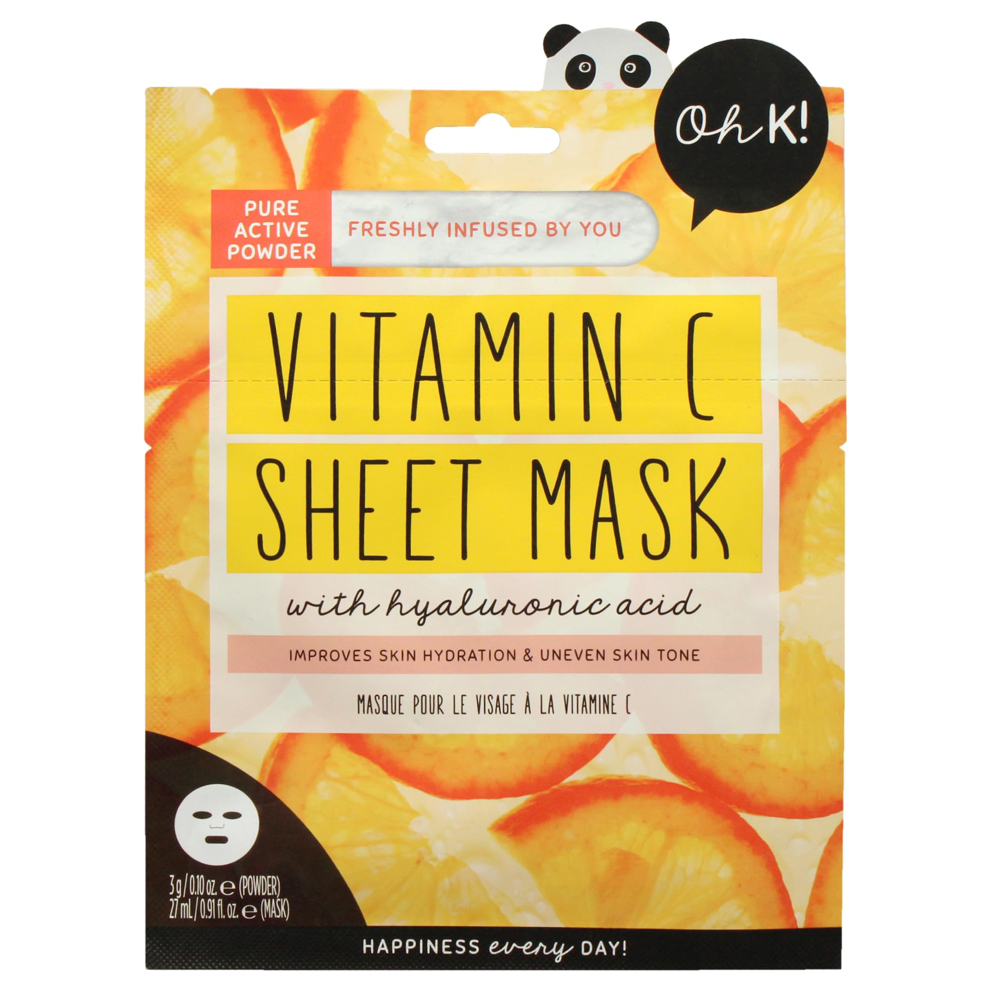 Oh K! Vitamin C Sheet Mask for Dry and Dehydrated Skin, with added Hyaluronic Acid, Brightening Face Mask, Biodegradable, Vegan and Cruelty Free, 41g
