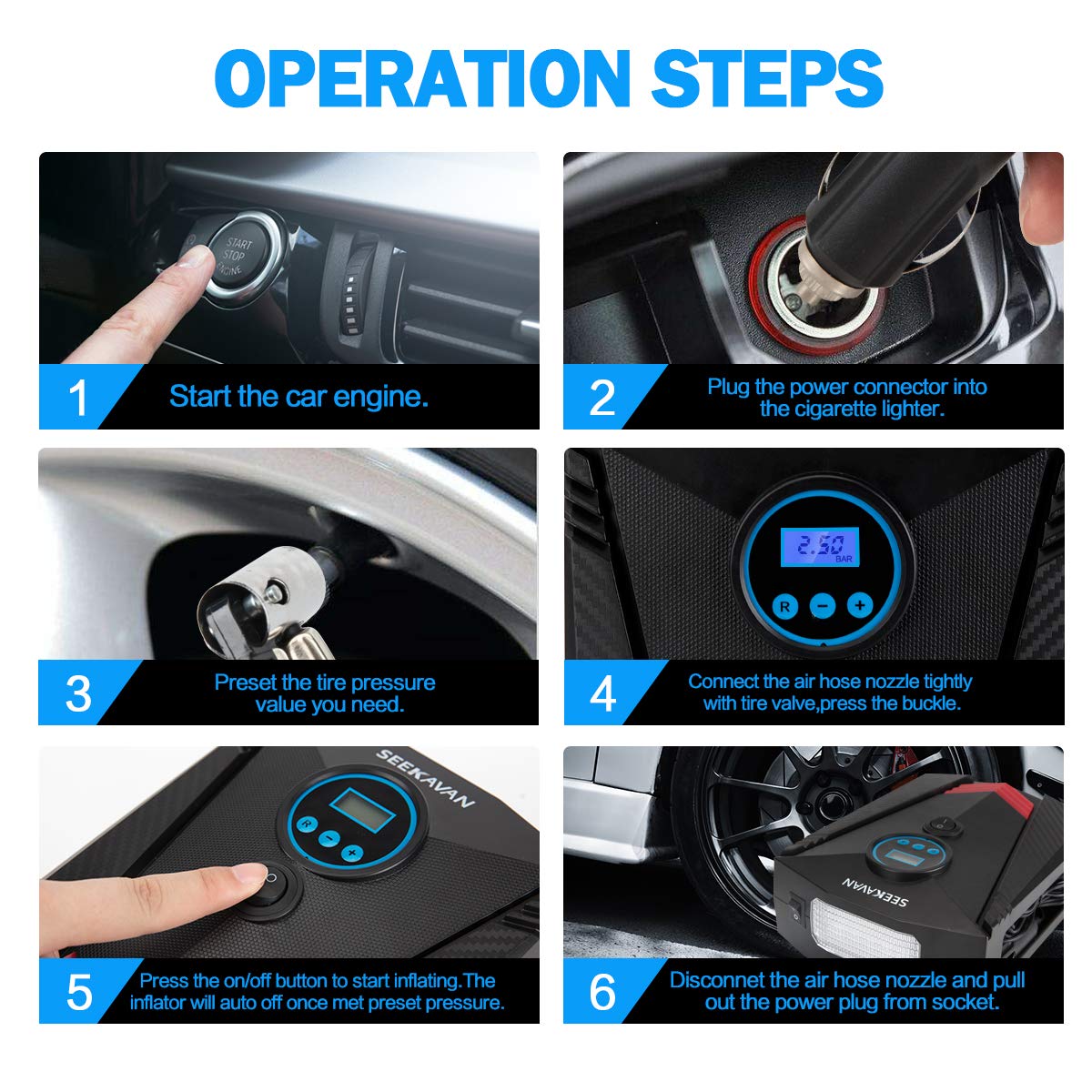 Tire Inflator, Portable Air Compressor Pump 12V DC with Digital LCD up to 150PSI for Car, Motorcycle, Bicycle and Other Inflatables