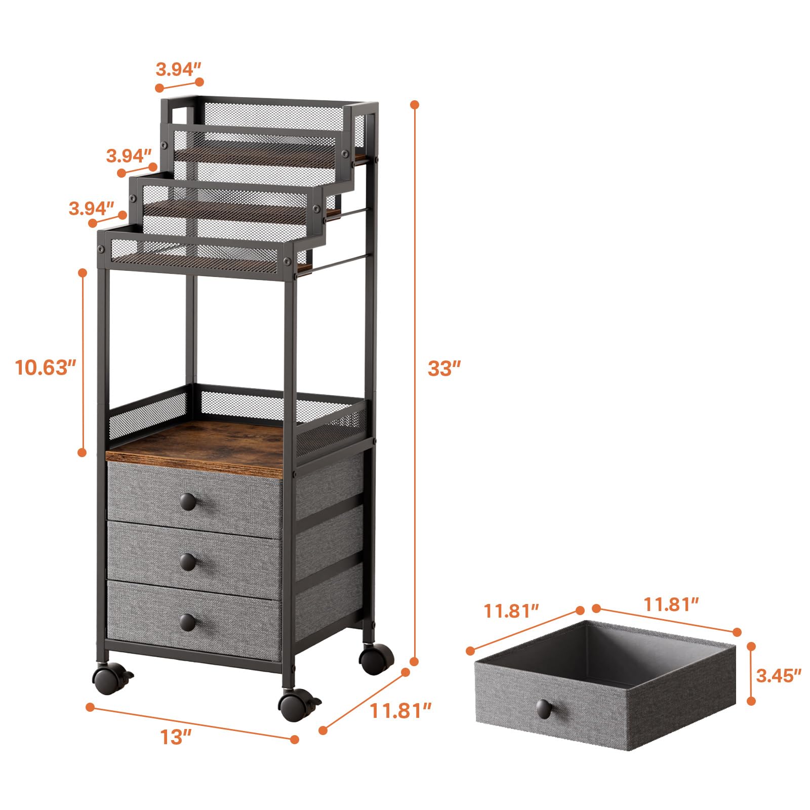 FURFUN Display Riser Stand Perfume Cologne Organizer, Rolling Makeup Storage Cart with Fabric Drawers, Floor Vanity Cosmetics Display Cases for Skin Care Nail Polish Figures Rustic Brown Ladder Stand