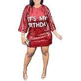 KIRJAUDU Women Sparkly Sequin Mini Dress Crewneck Bling Letter Print Half Sleeve Loose Mini Dress Clubwear