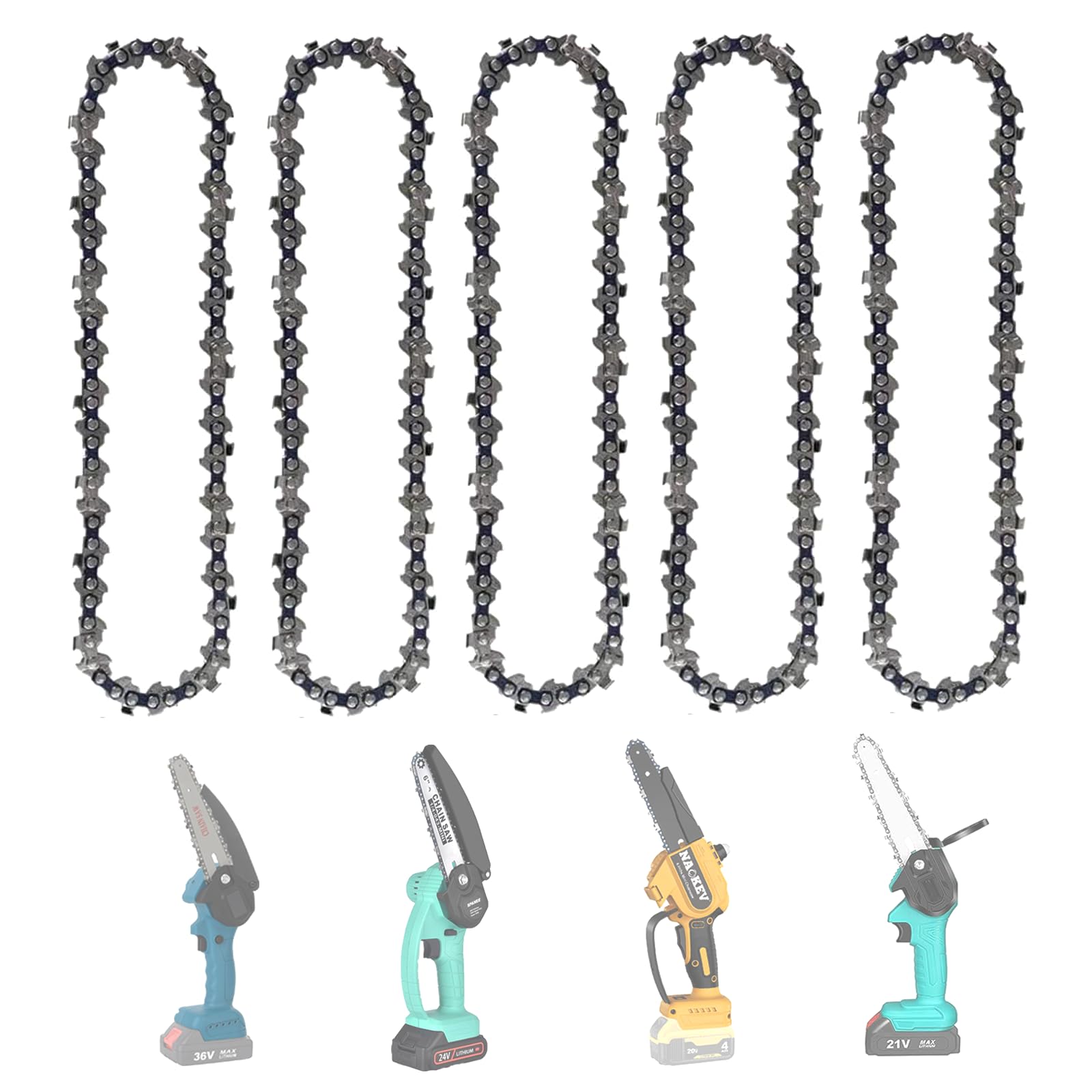 WIRSHO 5 PCS 6 Inch mini Chainsaw Chain for 6 Inch (15 cm) Guide Bar | 37 Drive Links | 1/4" LP | 0.043" Gauge (1.1mm) | Replacement Chainsaw Blades for Handheld Cordless Chainsaws | Chain Saw Chain