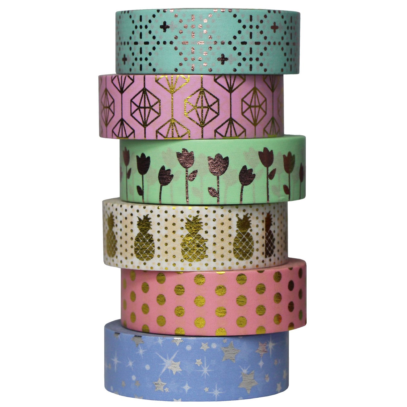 UOOOM 6 pcs Decorative Sticker Gold Foil Washi Tape Masking Paper Tape Adhesive Scrapbooking DIY Craft Gift10m X15mm (Design 9061)