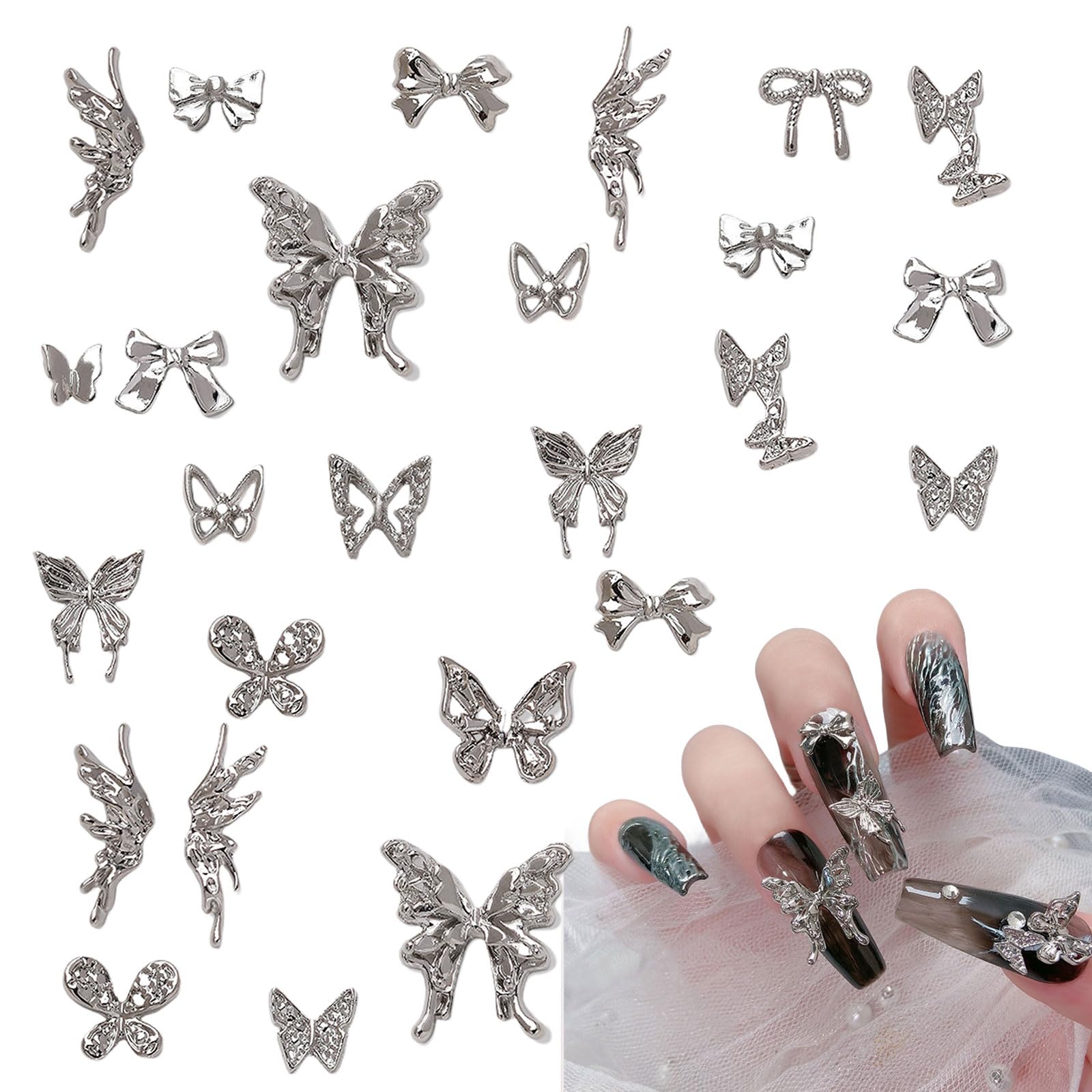 OTKARXUS 3D Butterfly Nail Charms,150PCS Silver Butterfly Wing Bowknot Bow Nail Gems,Metal Alloy Cute Nail Art Decorations Supplies for Women Girls Manicure Design DIY Crafts (A Silver)
