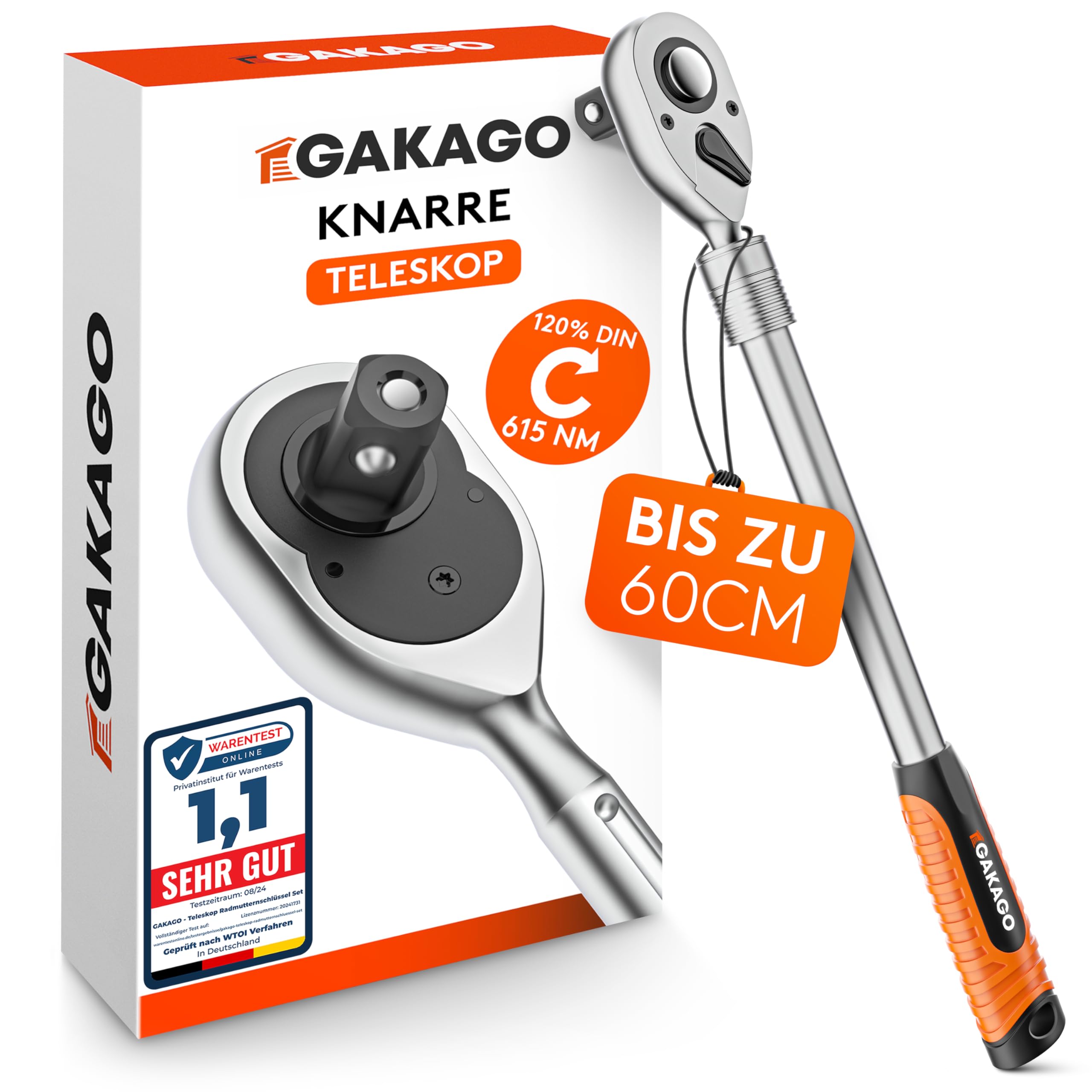 Gakago Teleskop-Ratsche 1/2 Zoll bis zu 60cm - Extra lange umschaltbare Knarre mit ergonomischen Griff - Überlegende Kraft mit über 615 Nm und präzisen 72 Feinzahn Getriebe