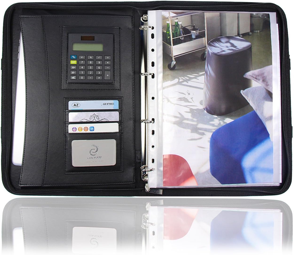 A4 Portfolio / Conference Folder - high quality imitation leather, includes Calculator, Portable Handle, zip, Punched Pockets and A4 Ringbinder Mechanism, perfect as a conference folder