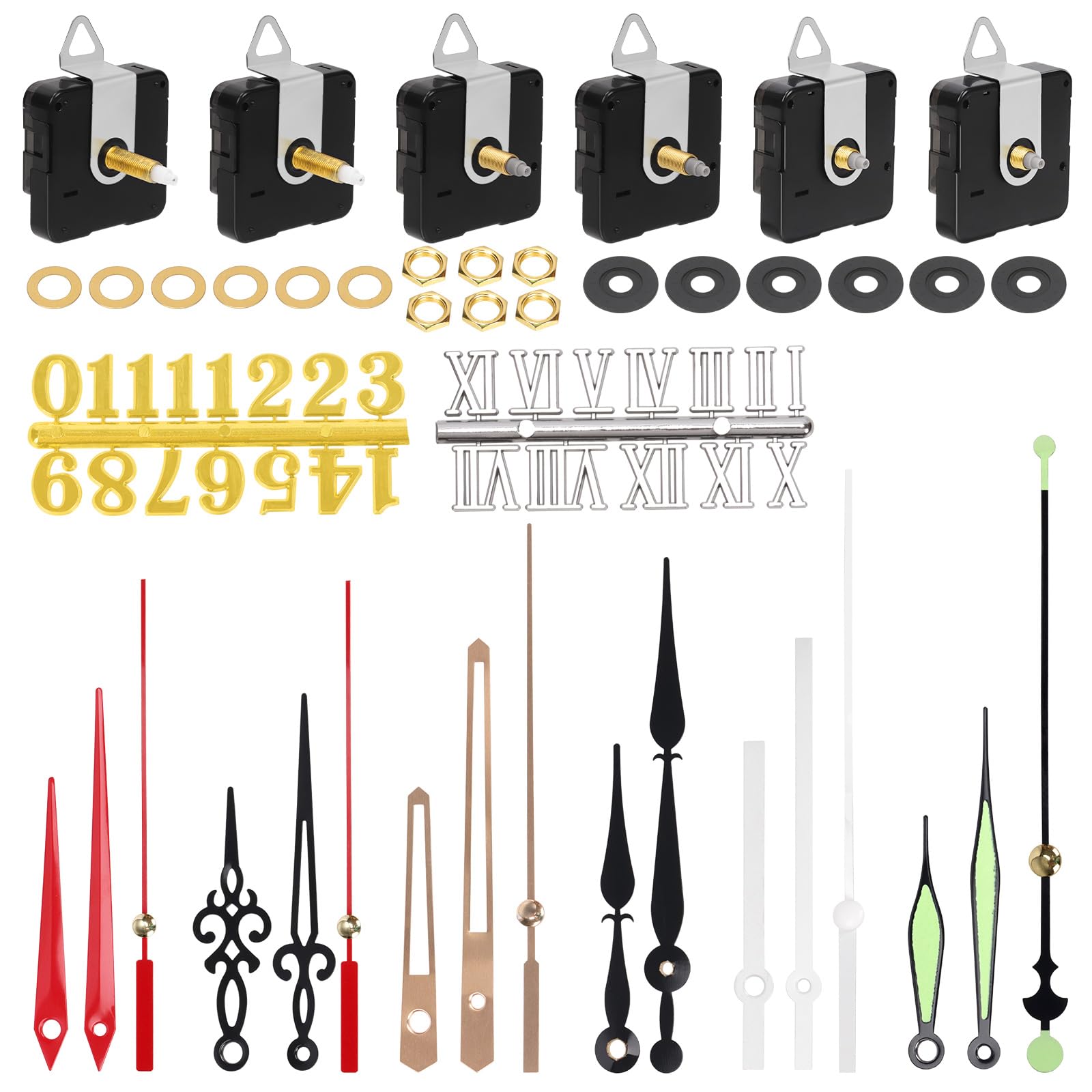 Tanstic 6Pcs High Torque Long Shaft Clock Movement Clock Repair Parts Replacement Clock Movement Mechanism with 6 Different Pairs of Hands(13mm/0.51”, 20mm/0.78”, 28mm/1.1”)