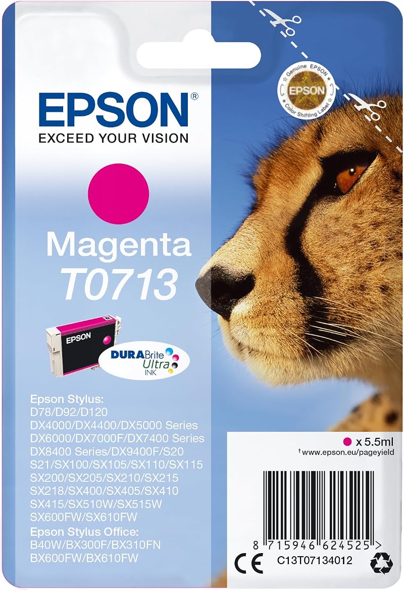 Epson T0713 Cheetah Magenta Ink Cartridge DURABrite Ultra for Stylus DX Printers