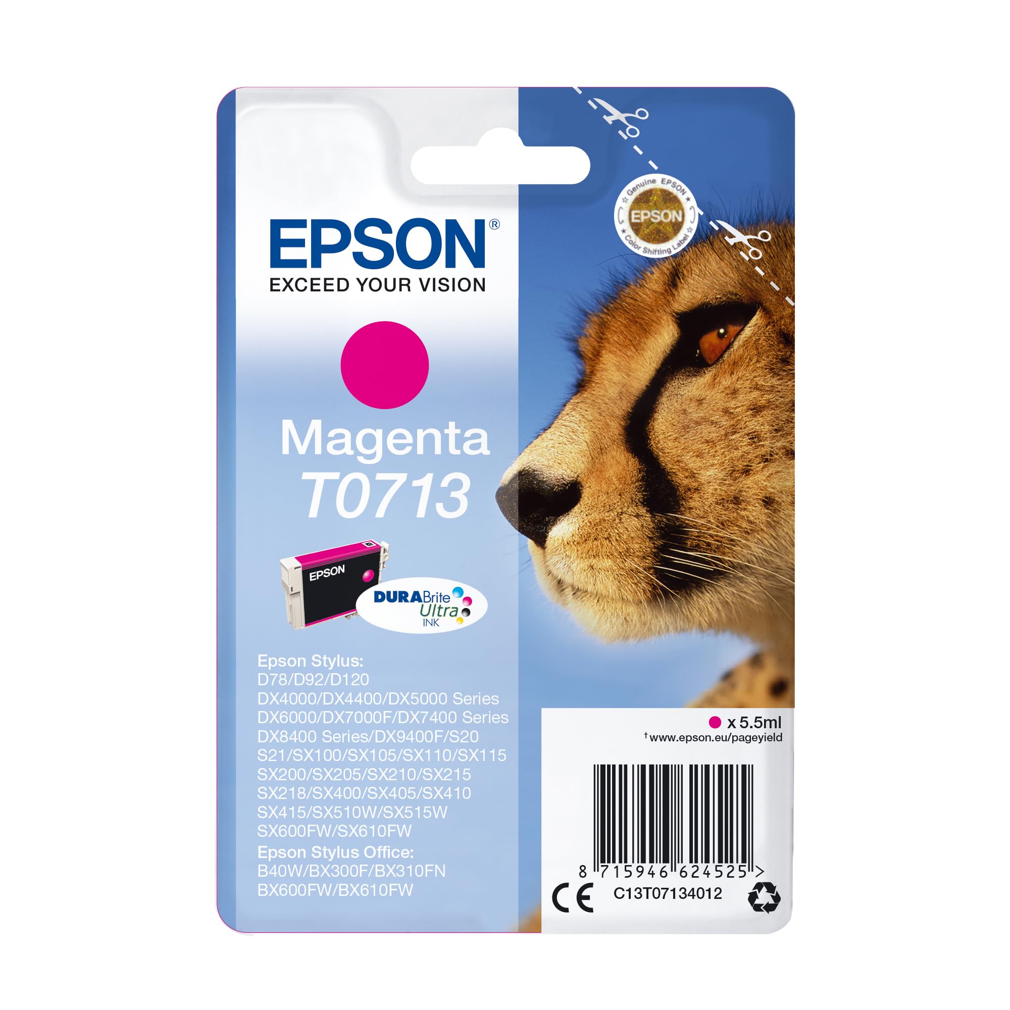 Epson T0713 Cheetah Magenta, Genuine, DURABrite Ultra Ink