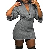 SHIPPOOOU Women Sexy Ribbed Knit Cowl Neck Wrapped Mini Dress Oversized Half Sleeve Short Sweater Dress
